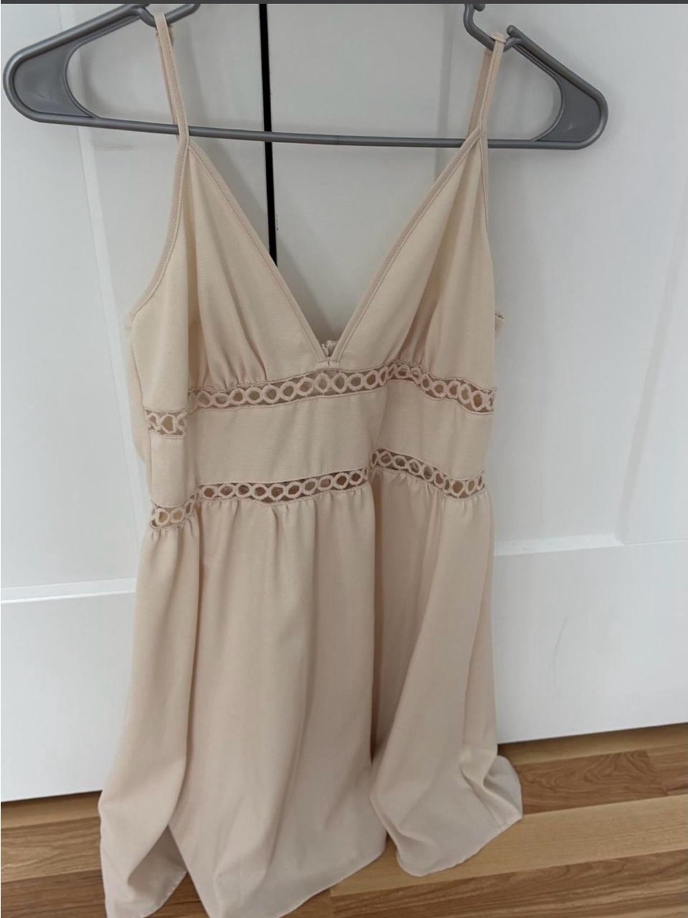 SHEIN Cream Spaghetti Strap Mini Dress with Lace Insets
